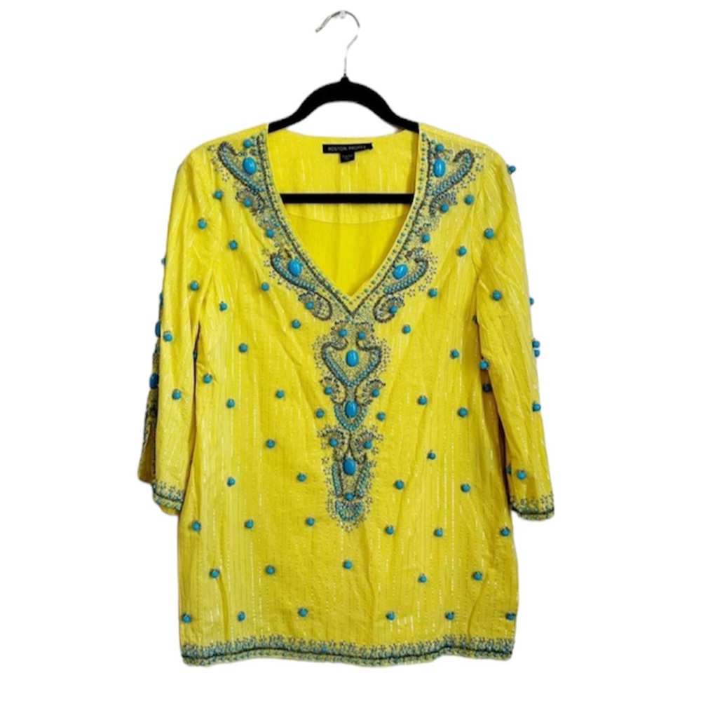 Boston Proper Sz‎ XXS Yellow Turquoise Embellished Top Resort Summer